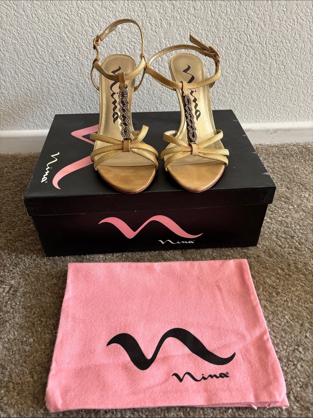 Nina Metallic Gold T-Strap Dress Heels